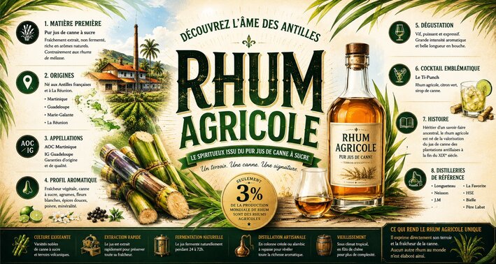 Infographie sur le rhum agricole présentant la production à partir du pur jus de canne à sucre, les étapes d'élaboration et les spécificités de ce style de rhum